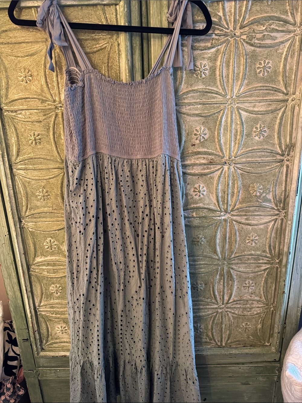 Eyelet dress with shoulder ties. Sage green with smocking. Sz large